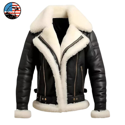 Men's Black B4 Aviator Bomber Real Sheepskin Leather Jacket Shearling Fur Flying