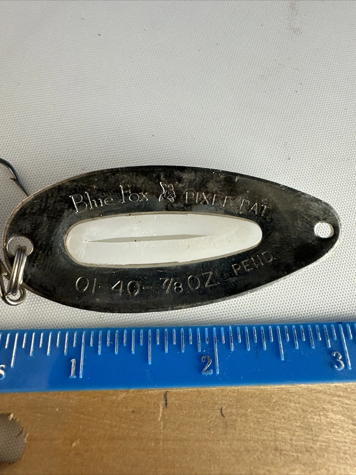 Señuelo de pesca vintage Blue Fox Pixee plateado/verde 2 1/2" cuchara oscilante 7/8 Foto 4 de 4