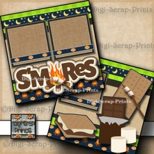 S'MORES camping 2 premade scrapbook pages paper piecing layout DIGISCRAP #A0114