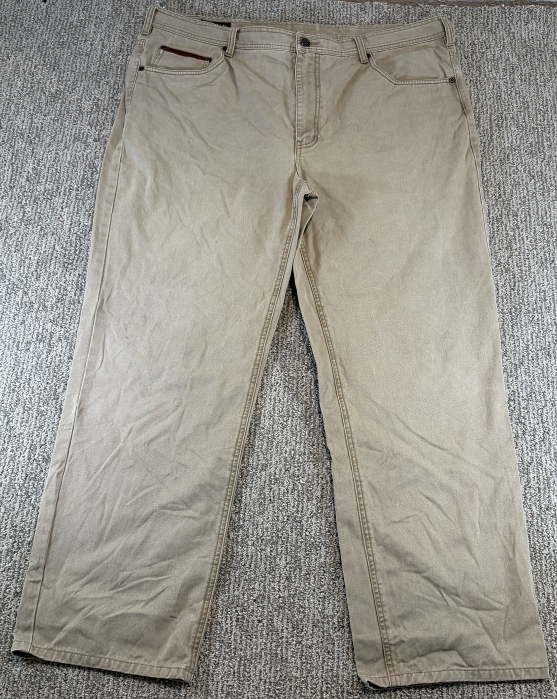 Vintage Orvis Pants Men 42x32* Beige Canvas Leather Trim Straight Leg Workwear