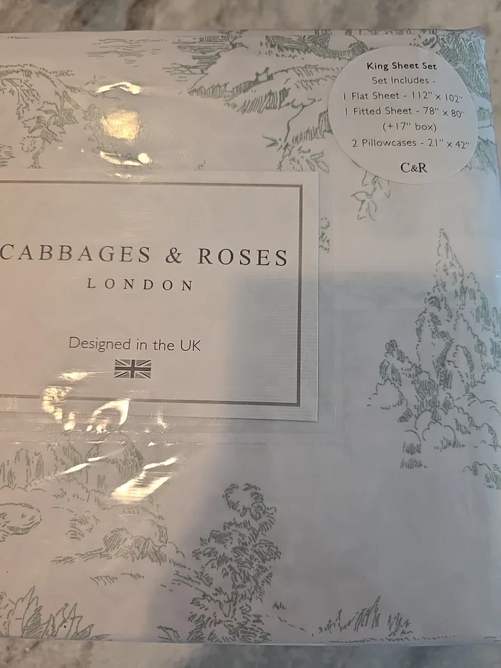 Cabbages and Roses King Sheet Set Country Toile Cotton Percale New sage green - Image 3 of 4