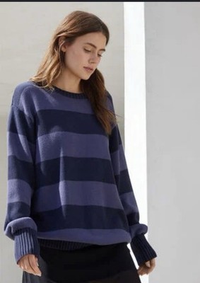 John Gault Women s Pullover Knit Blue And Gray Striped Sweater, One Size