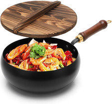 Padella in Ferro Forgiato Con Coperchio in Legno, Casseruola in Ferro Battuto a 