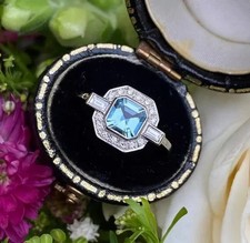 Art Deco 2.55Ct Aquamarine Lab Created Diamond Engagement 14K White Gold FN Ring