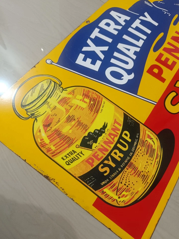 Extremely Rare Antique Not porcelain Vintage Pennant Syrup Painted Tin Sign - Image 2 of 4