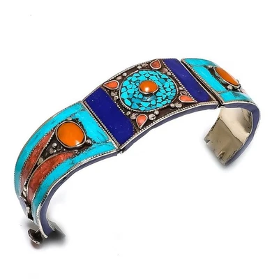 Manchette en lapis-lazuli corail turquoise bohème bijou ancien vintage... - Photo 1/4