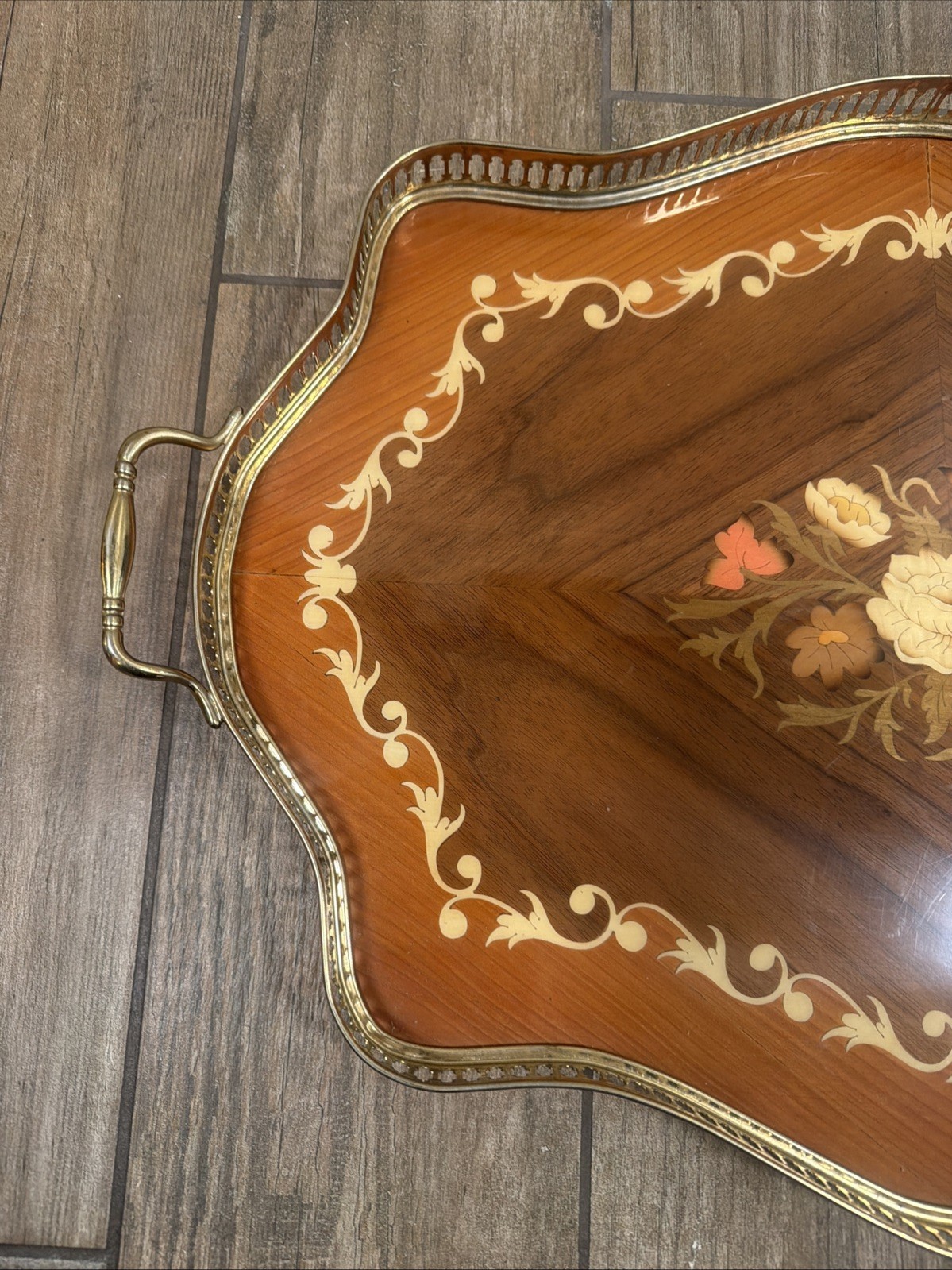 Vintage Italian Marquetry Wood Serving Tray Floral Inlay Brass Band Handles