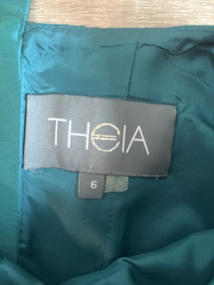 Vestido de fiesta Theia verde azulado y azul floral de seda talla 6 Foto 4 de 4