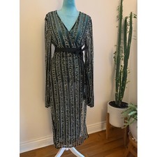 Beaded Sequin Mesh Maxi Dress Black Long Sleeve Sheer Wrap Formal balloon sleeve