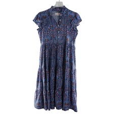 Lilbelle Blue Floral Bird Print Tiered Midi Dress Flutter Sleeve S/M