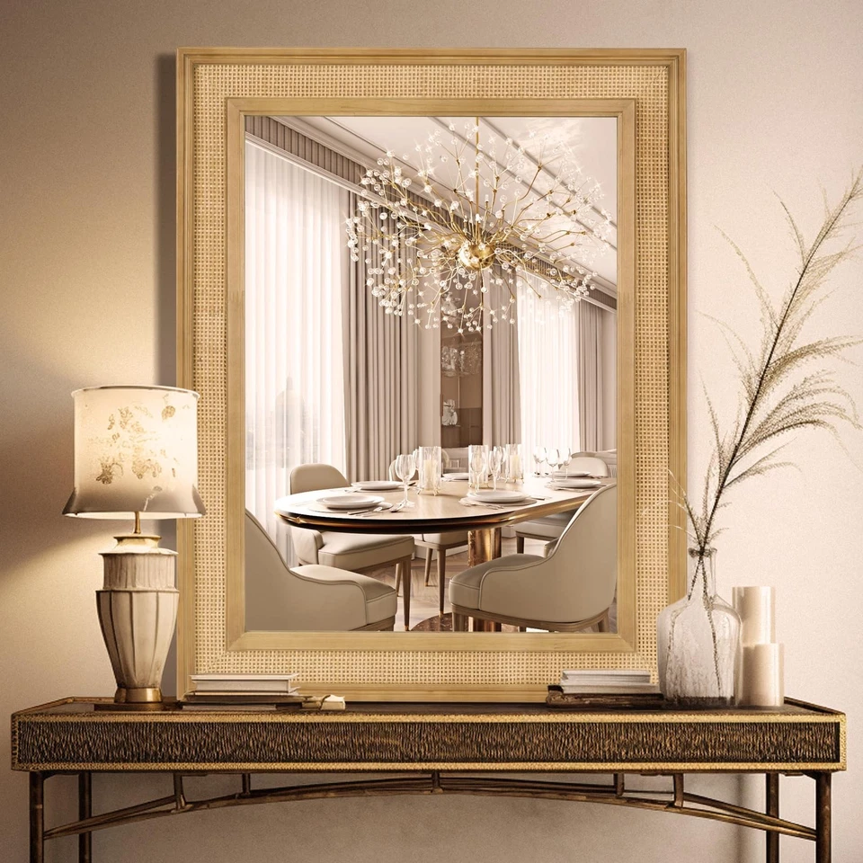 Espejo de pared de ratán rectangular, espejo de ratán de 27 X 34 pulgadas con marco de madera para... Foto 2 de 4