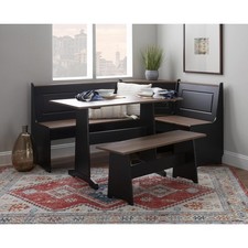 Linon L-Shape Corner Dining 3-Piece Storage Breakfast Nook Set Black/Pecan