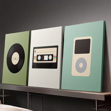 3er Leinwanddrucke  gerahmt Schallplatte IPOD Kassette Medien  Wandkunst Deko