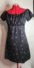 Black Floral Off-Shoulder Puff Sleeve Knee Length Fit & Flare Dress Ruffle S D28