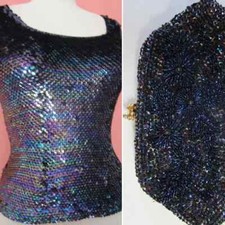 S Sequin Mermaid Tank Sweater Clutch Purse Rainbow Black Wool 1960s 1970s Irides