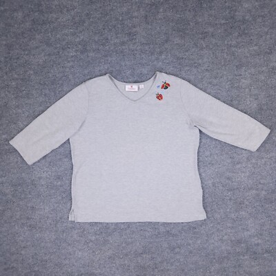 Quacker Factory Shirt Womens Medium Gray Lady Bug Embroidered 3/4 Sleeve Blend