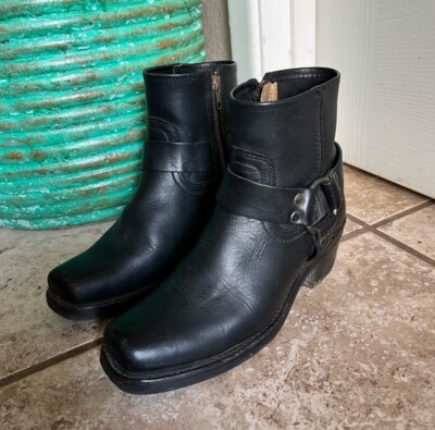 True Vintage Black Frye Harness Boots Rare Short Patina Leather