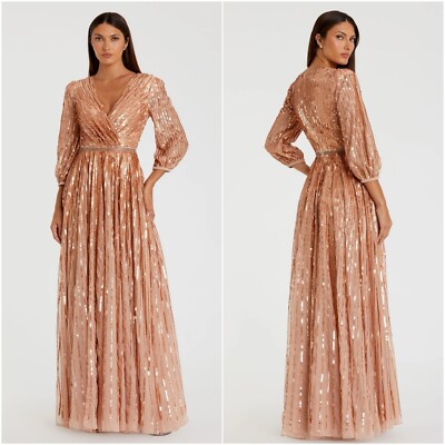 NWT! Size: 28 Mac Duggal Sequined Wrap Over 3/4 Sleeve Gown in Apricot