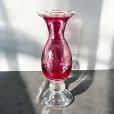 Tall Art Glass Vase Cranberry With White Lines Ruffled Top Clear Bottom Glass