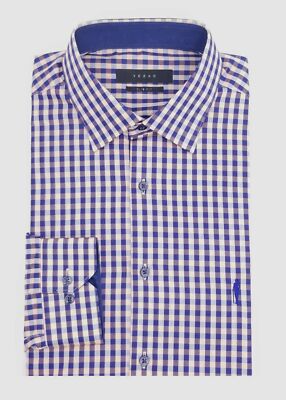NEW $95 Yezac Men Slim-Fit Blue Orange Check Long-Sleeve Dress