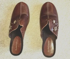 Womens Shoes-EUROSTEP-brown "Flora" leather slip on clogs 2 1/2 inch wedge-8M