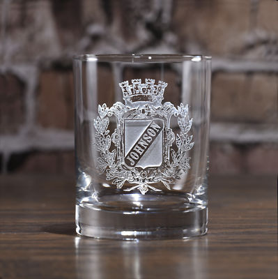 Engraved Whiskey, Scotch, Bourbon Glasses, Coat of Arms, Family Crest - One Glas