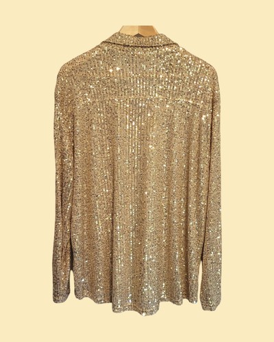 ☆Pol Clothing☆ Gold Sequin Button-Up Pool Coverup Sz M Sparkle Long Sleeve LUXE - Picture 5 of 11