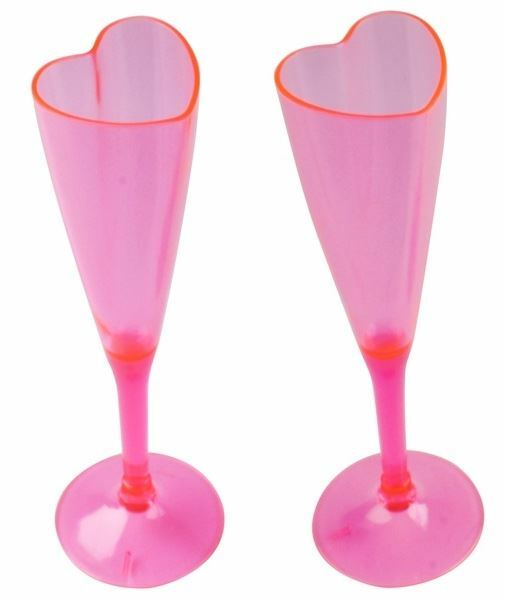 2 Pink Plastic Champagne Glass Heart Shape Flute Wine Valentine Love