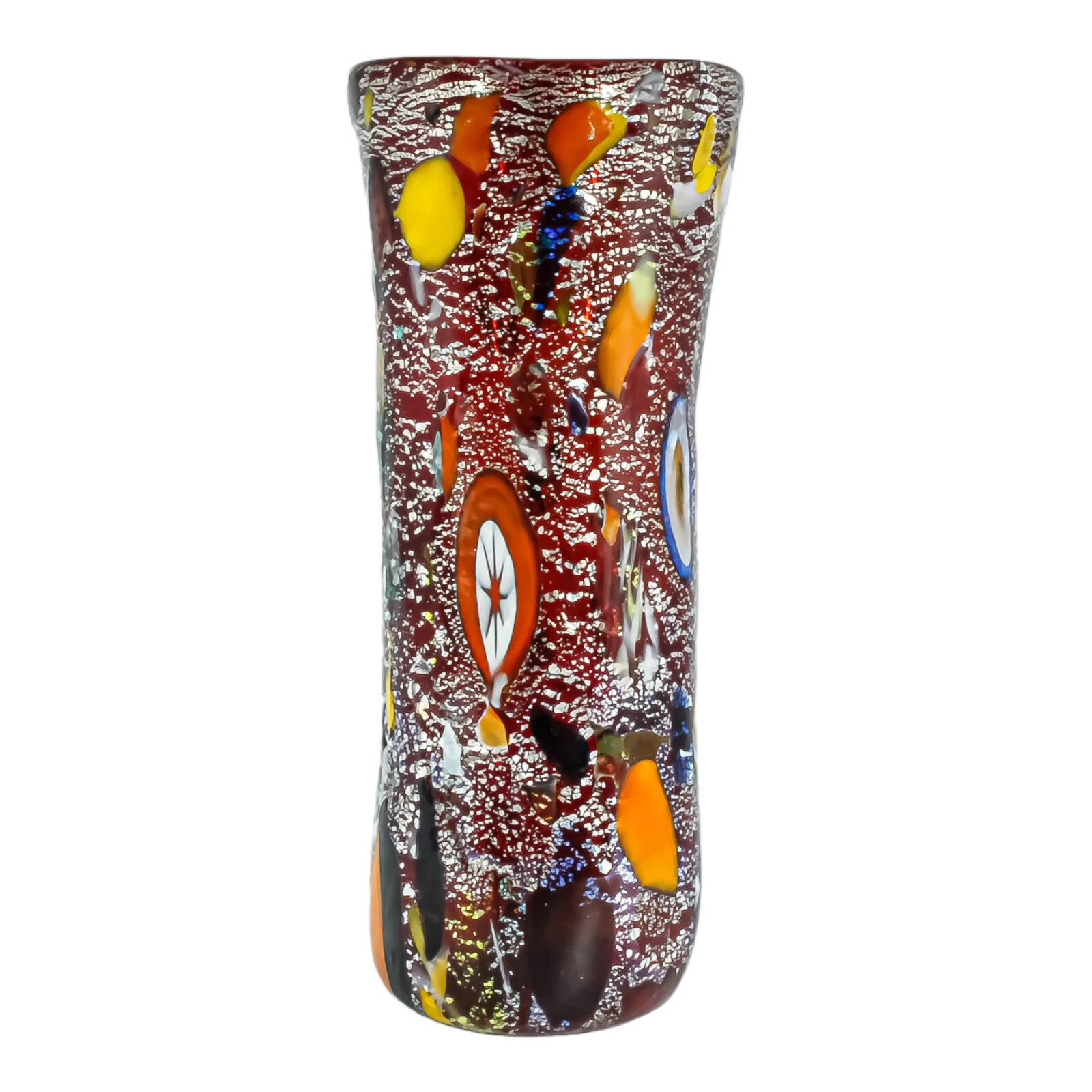 Murano glass vase red silver multi color handmade millefiori 19cm high