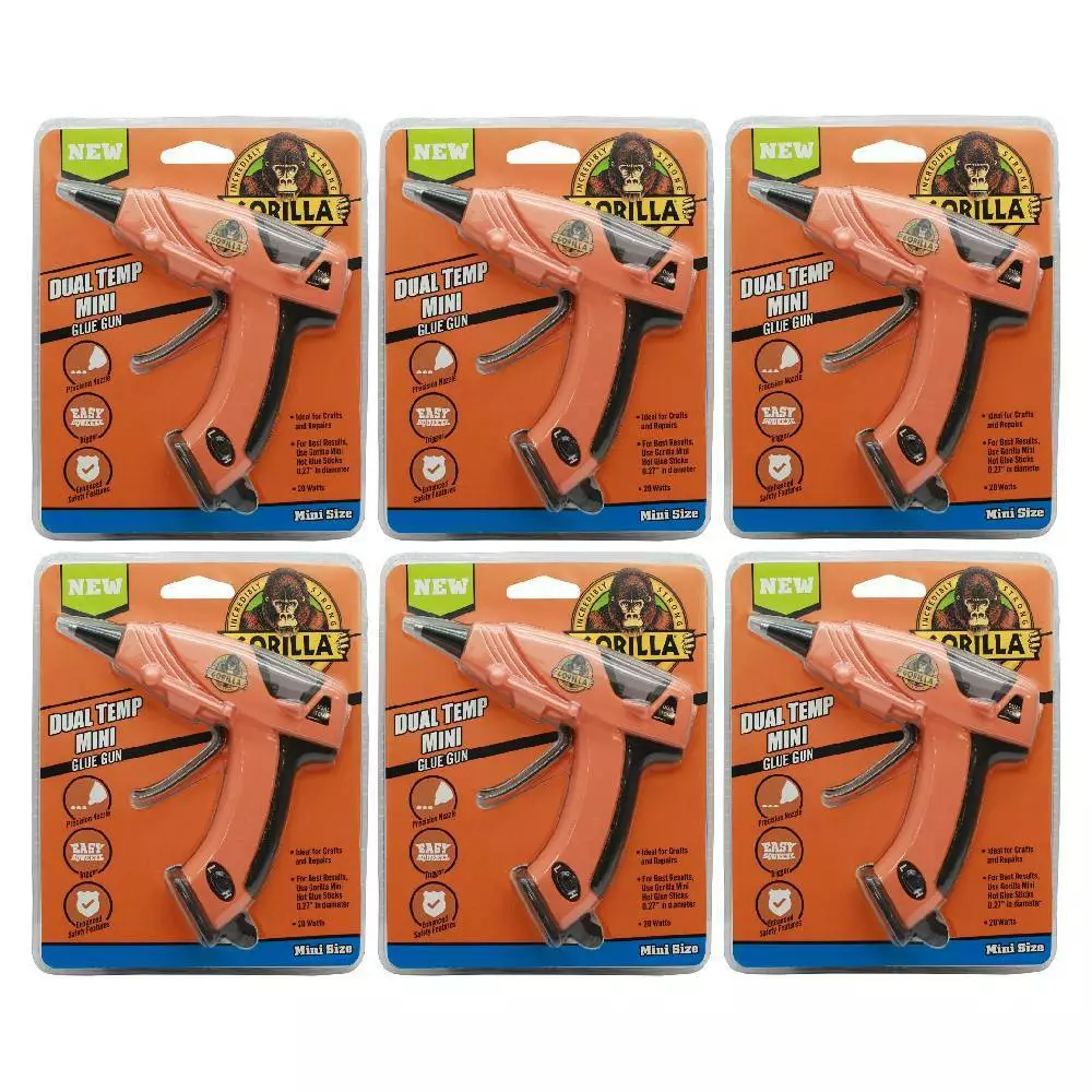 Gorilla Hot Glue Gun Mini Dual Temp Folding Stand Long Nozzle 20 Watts, 6  Pack