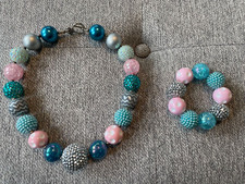 Pink/Blue/White/Silver Little Girls Beaded Necklace/Bracelet Set