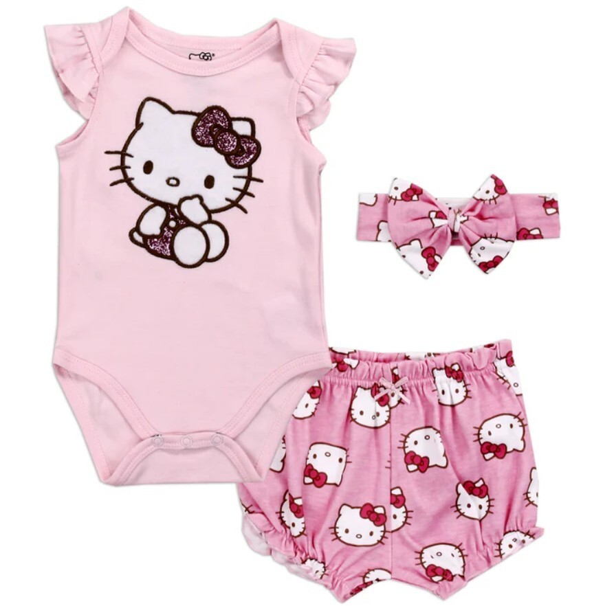 HELLO KITTY Newborn Girls 3-Piece Bodysuit, Short Headband Set, Size  3M-6M-9M