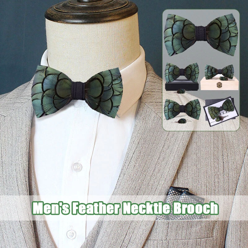 Corbata Pluma Pajarita Exquisita Hecha a Mano Broche Prendedor Verde Azul Lazo Fiesta Foto 2 de 4