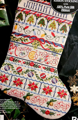 Silk ribbon Xmas stocking kit, Band Sampler 83309, Bucilla, Barbara Baatz, 1995