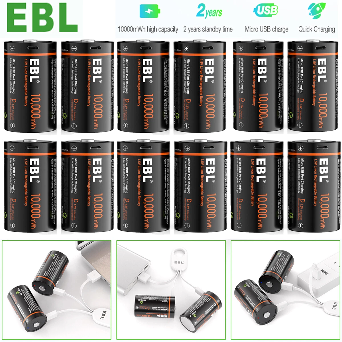 EBL USB Rechargeable D Batteries (6 Pack) 10000mWh 1.5V Long Lasting D Cell  Li-Ion Batteries 