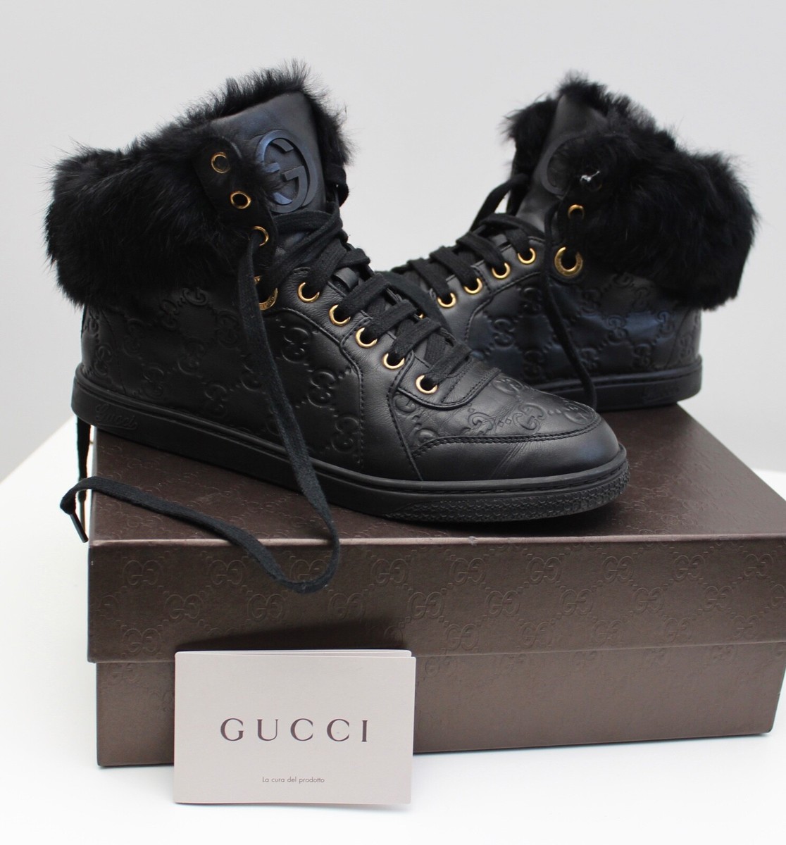 Women's GUCCI Guccissima Leather Black High Top Sneakers Fur Trim