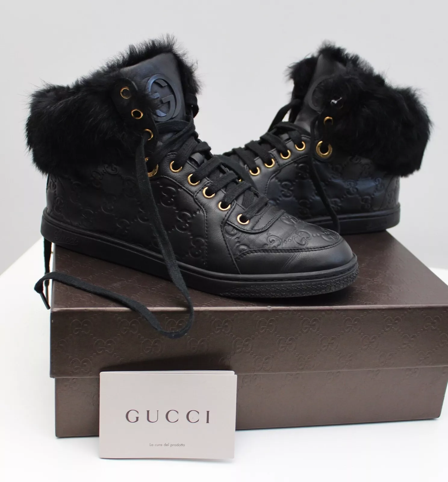 Baskets montantes femme GUCCI Guccissima cuir noir bordure fourrure 37,5 US7,5