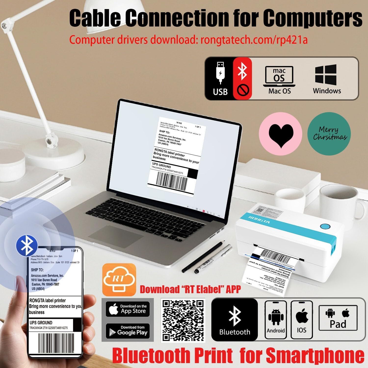 Bluetooth 4x6 Thermal Label Printer for Shipping Stickers Wireless Printing
