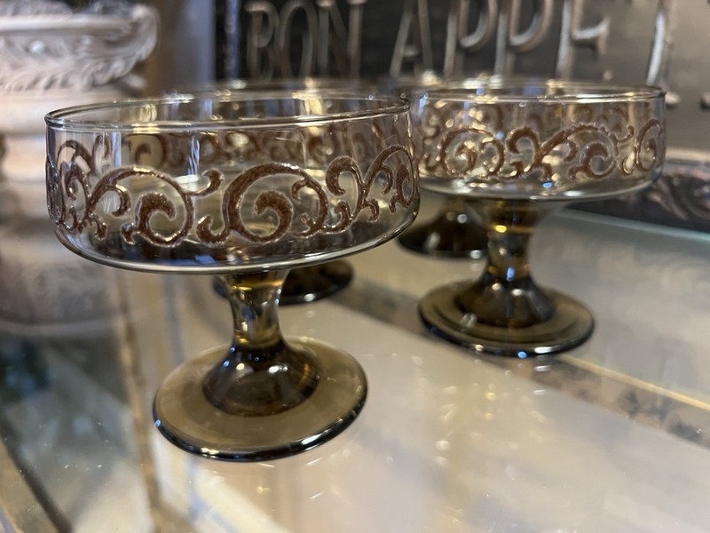 VTG 4 PC LIBBEY PRADO Coupe Brown Glasses Swirl Champagne Dessert Glass Set