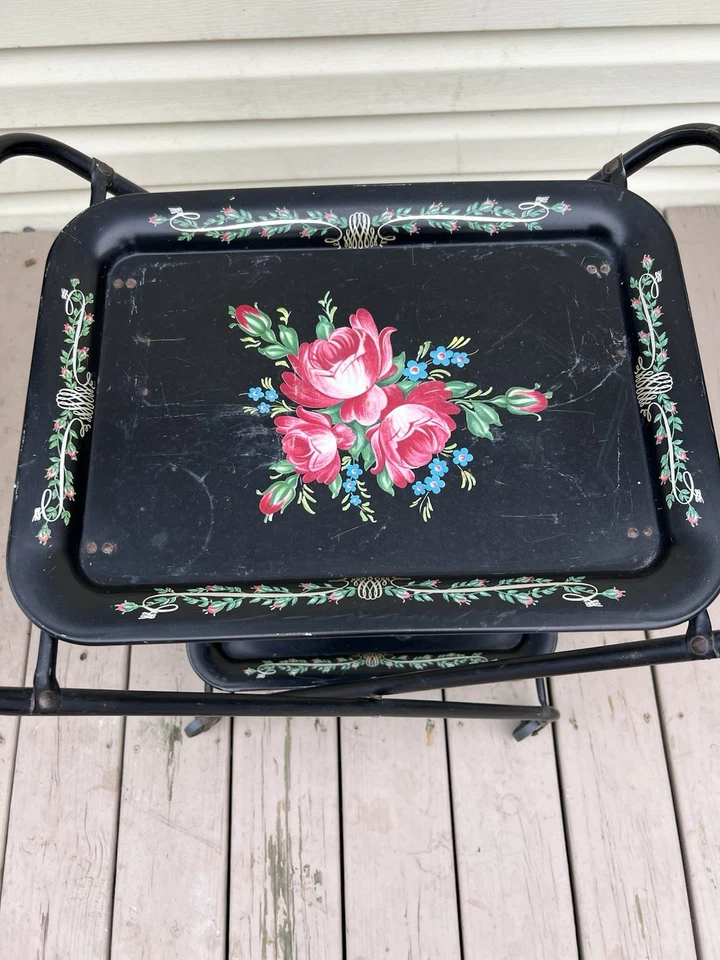 Carrito de servir de metal de colección carrito de té retro años 60 rosas negras plegable Foto 2 de 4