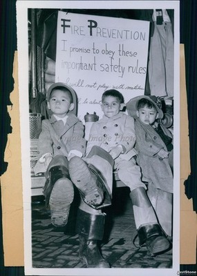 1953 Fire Prevention Sign Children Oversized Boots Safety Vintage Photo 6x8