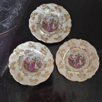 Set of 3  Plates Opalescent Gold Greek Cherub With Bow Scene 4.5''