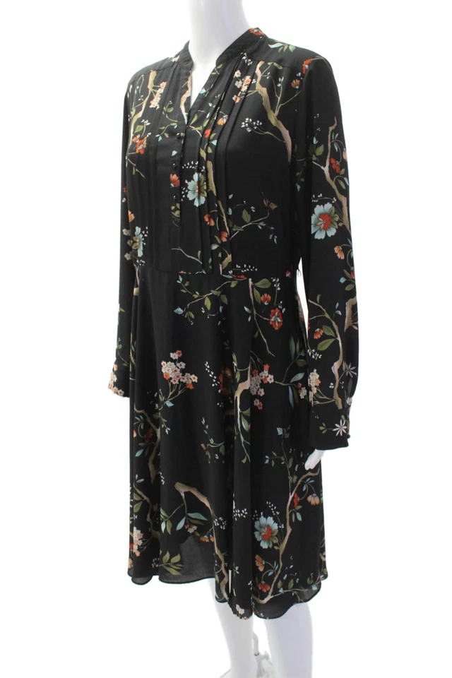 Nanette Lepore Women Shirt Dress Black Floral Long Sleeve Zip Size 10 - Image 2 of 4
