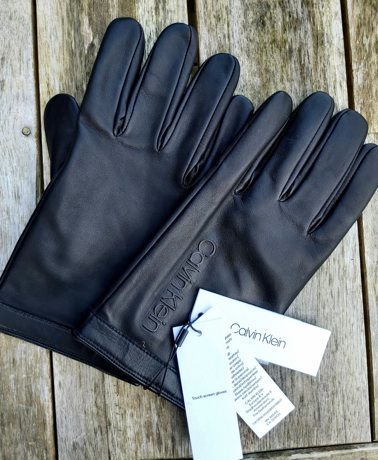 L/XL Genuine CALVIN KLEIN Black Sheep LEATHER GLOVES Wool TOUCHSCREEN shelf19