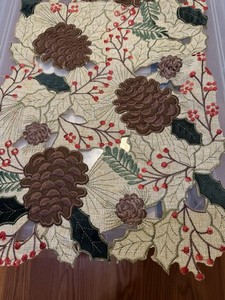 Embroidered Christmas Table Runner Beige Pine Cones Holly Berries Rectangle