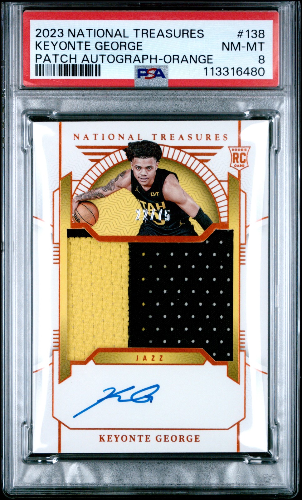 2023 NATIONAL TREASURES PATCH AUTO-ORANGE #138 KEYONTE GEORGE 22/75 PSA 8 view 1
