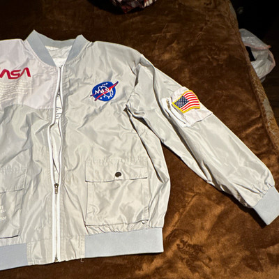 NASA Silver Reflective Bomber Jacket S Men's Full Zip Band Collar Logo