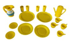 Vintage Lot 16 pcs Barbie Doll House Yellow Dishes Set Plates Cups Coffee Mugs
