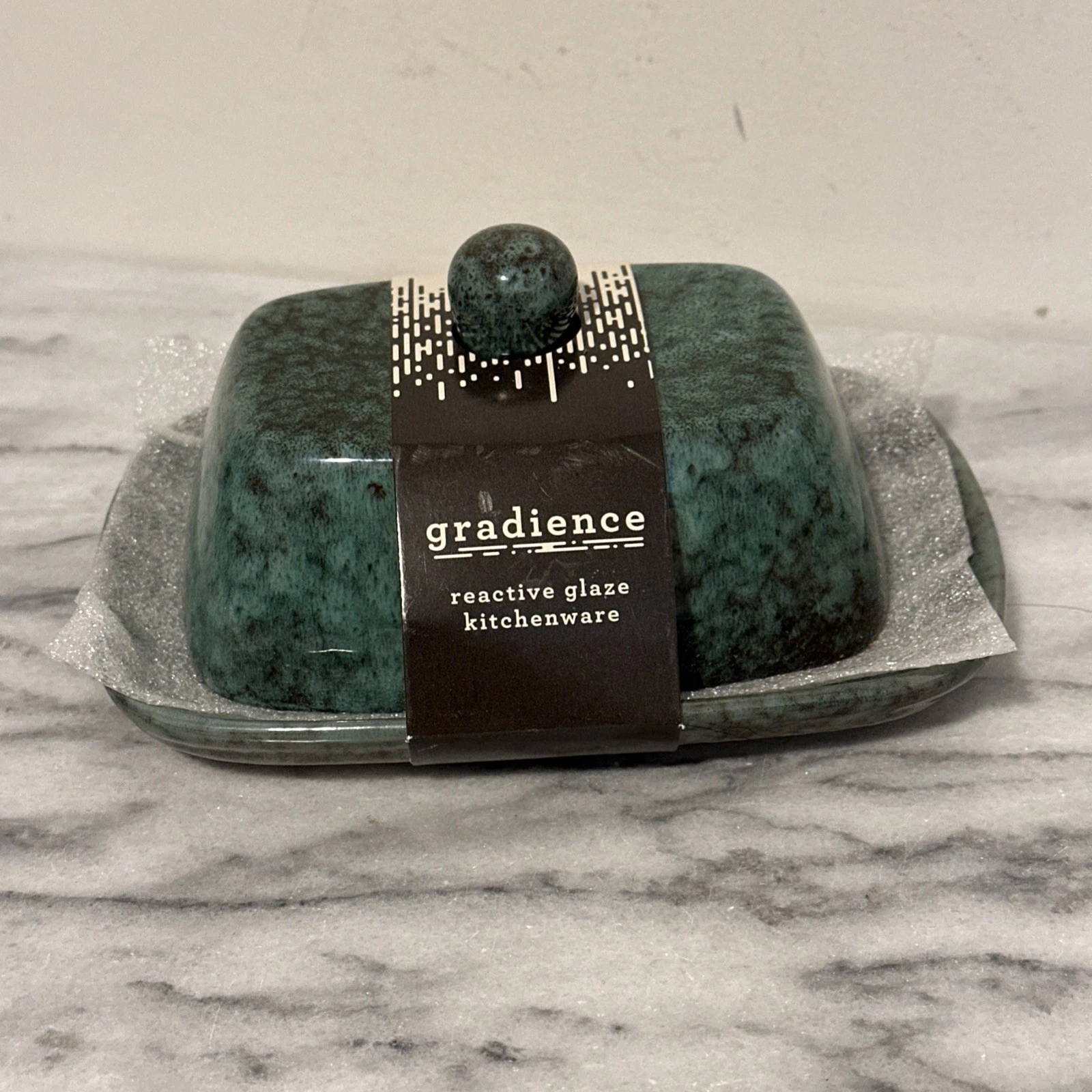 Gradience Covered Butter Dish Reactive Glaze Splatter Green New In Package