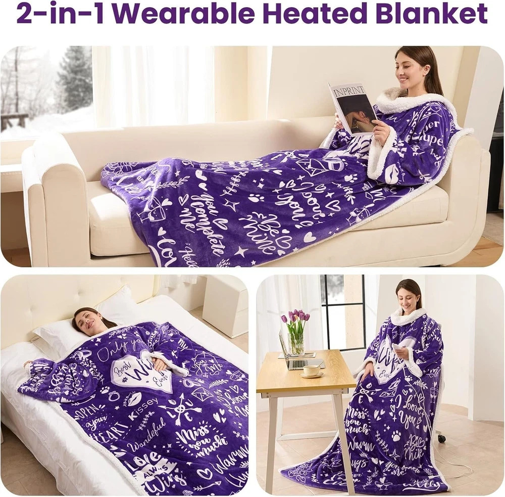 Wearable Heated Blanket with Sleeves Foot Pocket Electric Throw for Women Gift